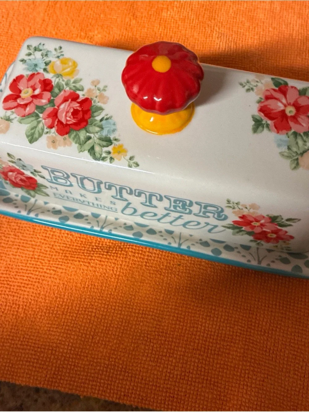 The Pioneer Woman Floral Ceramic Butter Dish with Red & Yellow Knob